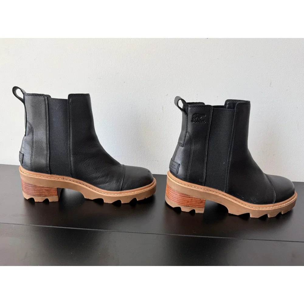 Sorel Joan Now Chelsea Boots Womens 11 Black Leather Lug Sole Block Heel
